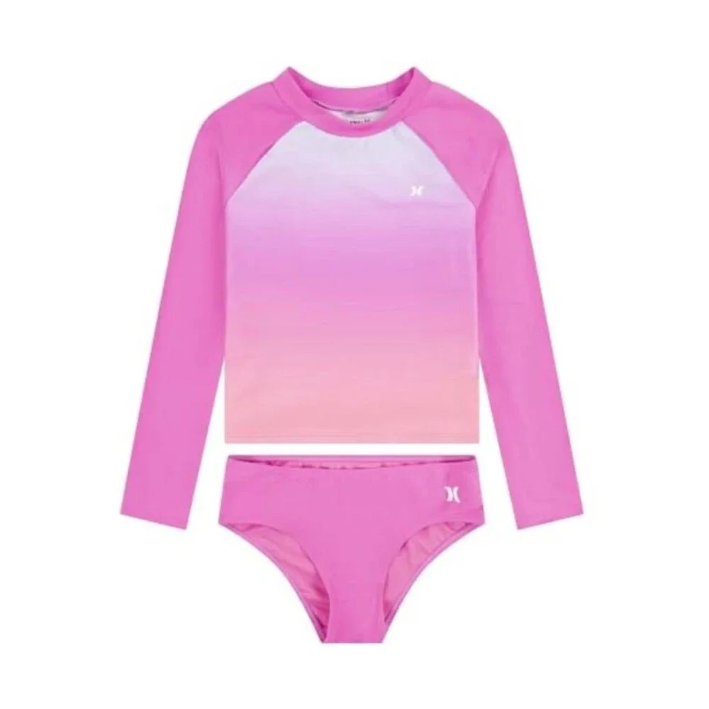 Hurley Girls Long Sleeve Rash Guard Swimsuit Size 14 China Rose New With Tags